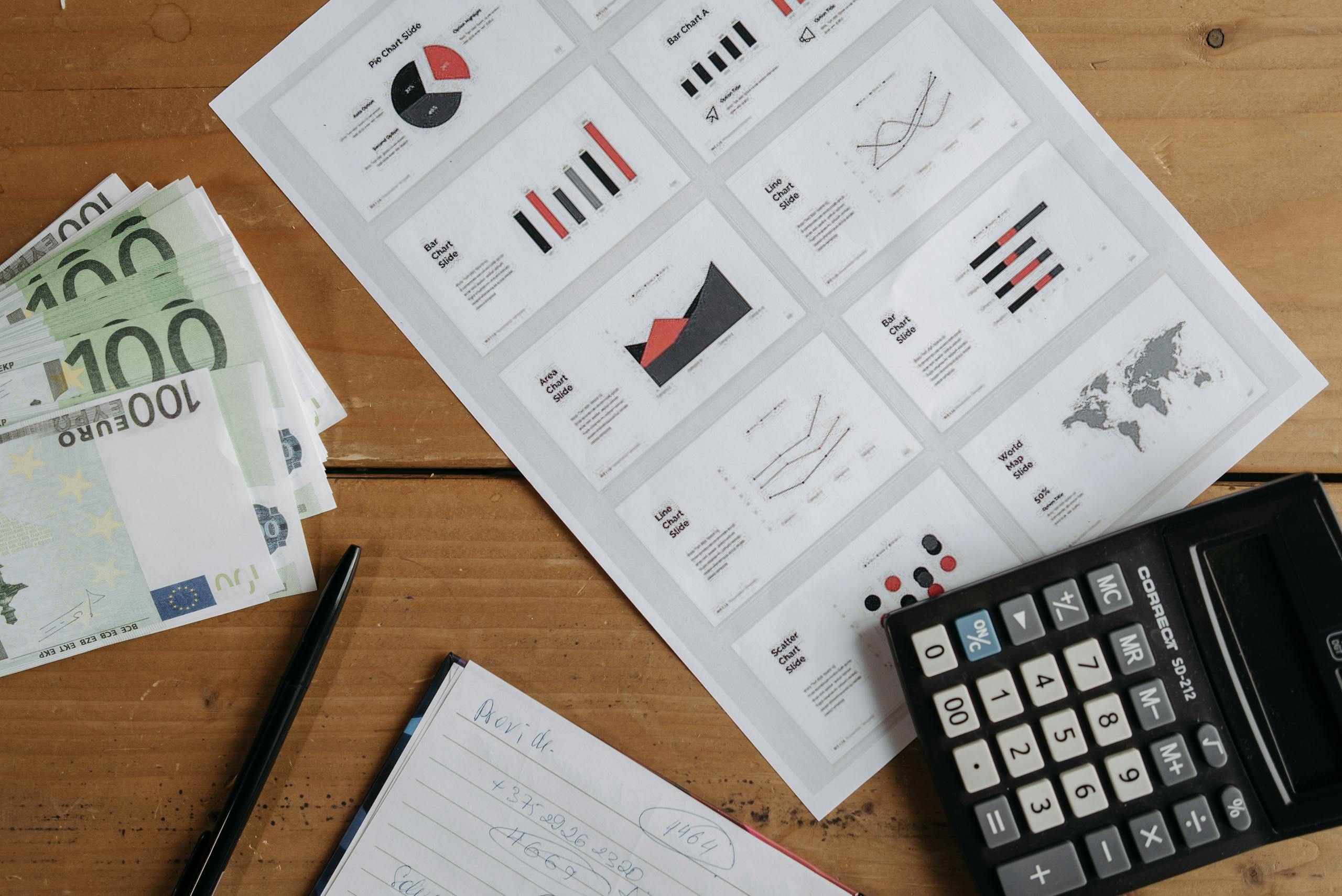 Euro banknotes, graphs, and calculator on a wooden table setup for financial analysis.